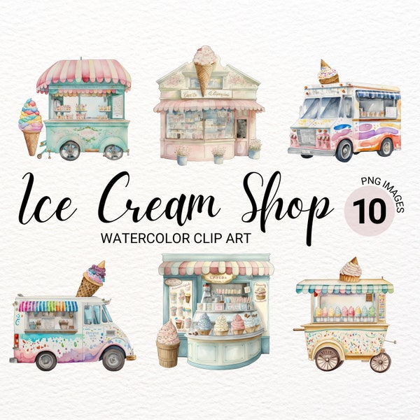 Cute Ice Cream Shop Clipart | Watercolor Ice Cream Clipart | Summer Clipart | Ice Cream Decor | Storefront Clipart  | Shop PNG