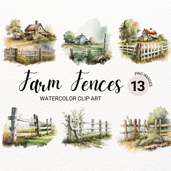 Watercolor Farm Fences Clipart | Farmhouse Clipart | Barn Fence Clipart | Rustic Farm PNG | Farm Clipart | Farm Landscape | Barn Silo