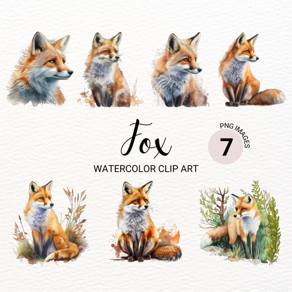 Watercolor Fox Clipart | Cute Fox PNG | Woodland Animals Clipart | Nursery Clipart | Kawaii Clipart | Red Fox | Commercial License