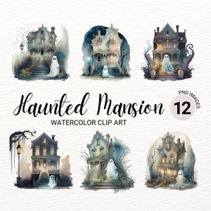 Haunted Mansion Clipart Bundle | Watercolor Halloween PNG | Spooky Collage Images | Halloween Decor | Digital Planner | Paper Craft