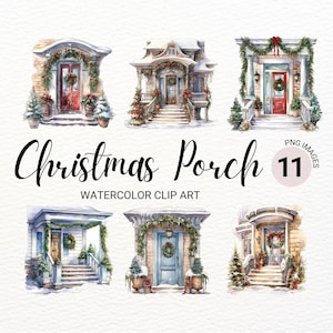 Christmas Porch Clipart | Watercolor Christmas Collage Images | Winter Holiday Scene | Junk Journal | Digital Planner | Commercial License