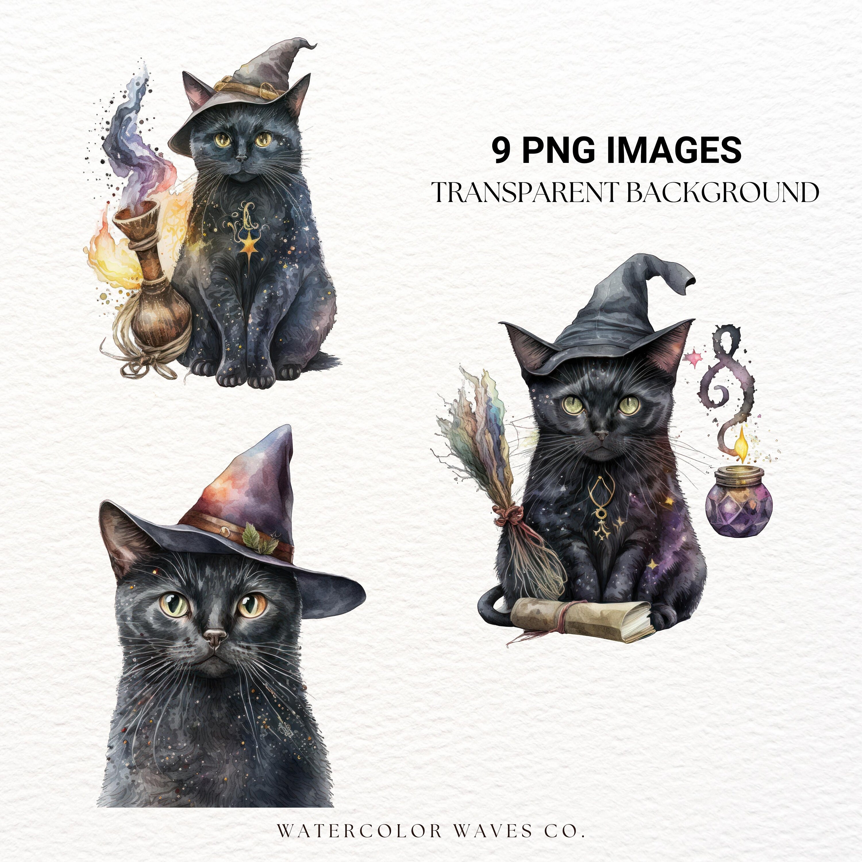 Witchy Cat Clipart Bundle | Watercolor Halloween Cat PNG | Spooky ...