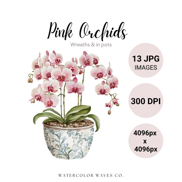 Pink Orchids Clipart Bundle | Watercolor Spring Flowers JPG | Floral Junk Journal | Wedding Invitation | Digital Planner Images