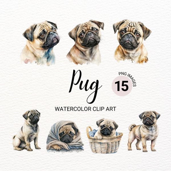 Pug Clipart | Dog PNG | Pug Puppy Clipart | Cute Dog Clipart | Dog Portrait | Dog Watercolor | Puppy Images | Commercial License