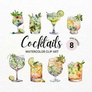 Clipart cocktail acquerello / Cocktail per feste estive / Clipart alcolici / Clipart bevande / Arte della cucina / Pacchetto clipart