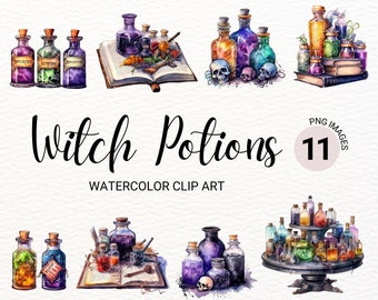 Watercolor Magic Potion Clipart | Halloween PNG | Witch Clipart Bundle  | Potion Bottle PNG | Fantasy Collage Images | Wizard Junk Journal
