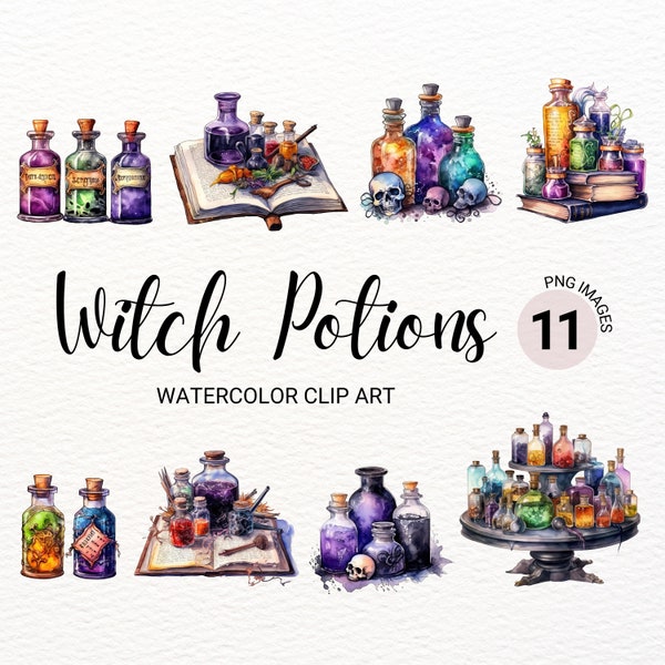 Watercolor Magic Potion Clipart | Halloween PNG | Witch Clipart Bundle  | Potion Bottle PNG | Fantasy Collage Images | Wizard Junk Journal