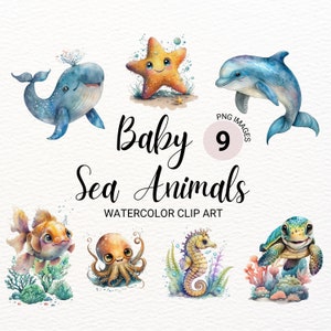 Baby Sea Animals Clipart | Watercolor Ocean PNG | Kawaii Summer Beach Clipart Bundle | Nursery Wall Art | Digital Planner | Sea Turtle Fish