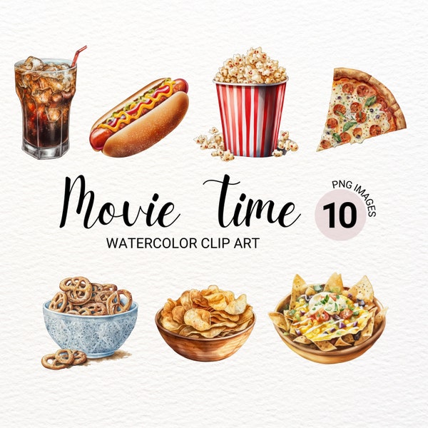 Film Nacht Clipart | Aquarell Essen Clipart | Hotdog Popcorn Cupcake Pizza Clipart | Kawaii Clipart | Film Party einladen