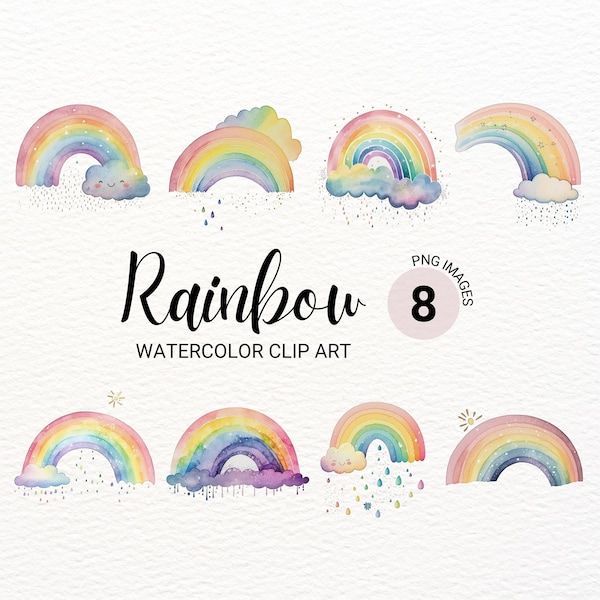 Watercolor Rainbow Clipart | Rainbow PNG | Nursery Wall Art | Kawaii Clipart Bundle | Junk Journal | Digital Planner | Commecial License
