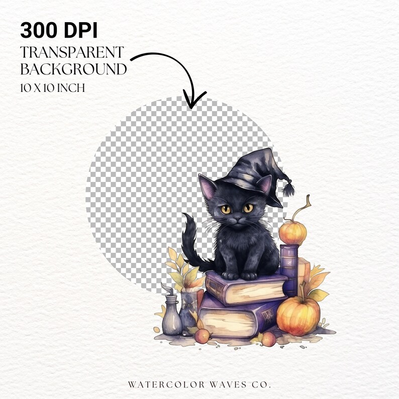 Cute Witchy Kitten Clipart | Watercolor Halloween Cat PNG | Spooky ...
