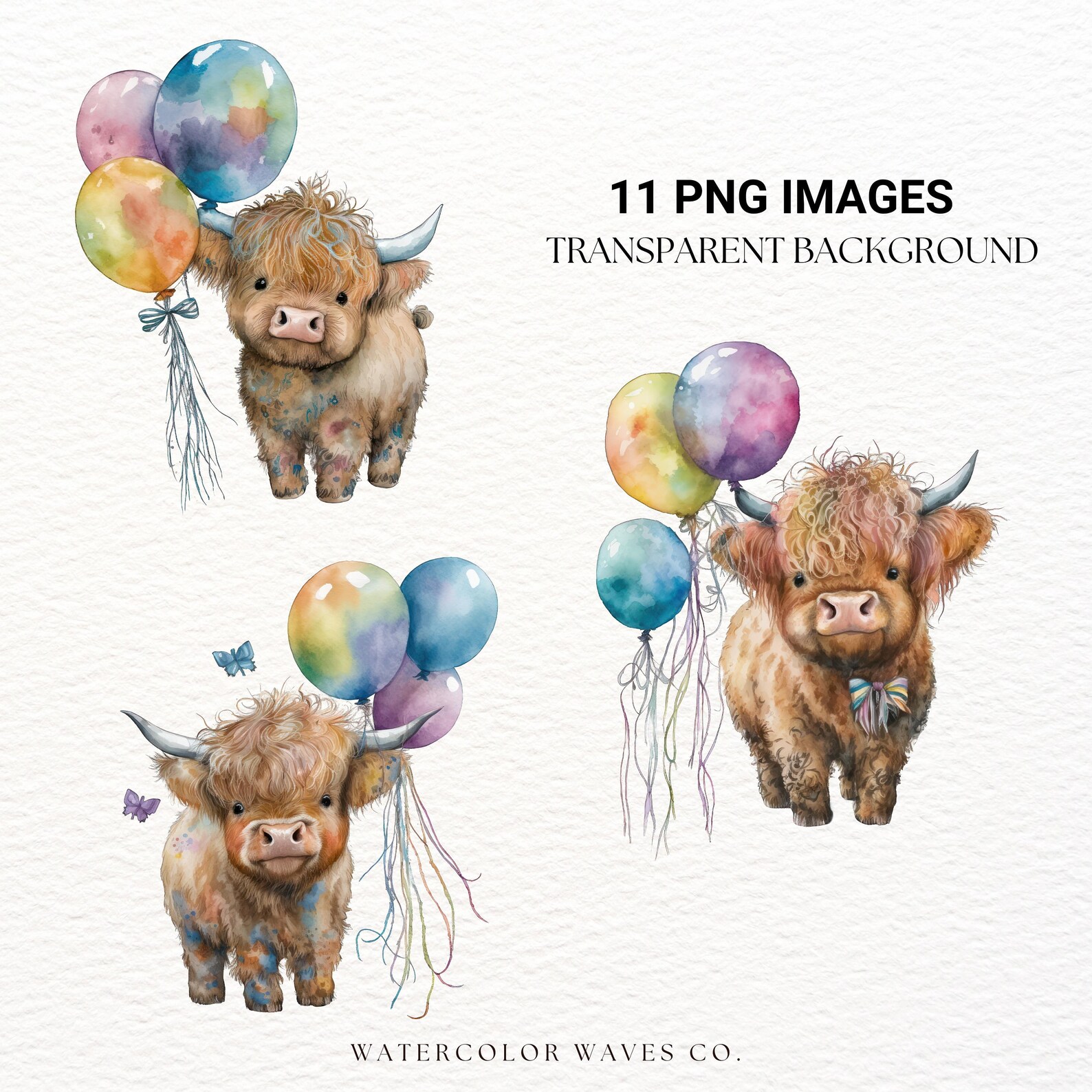 Baby Highland Cow With Balloons PNG | Watercolor Highland Cow Clipart ...