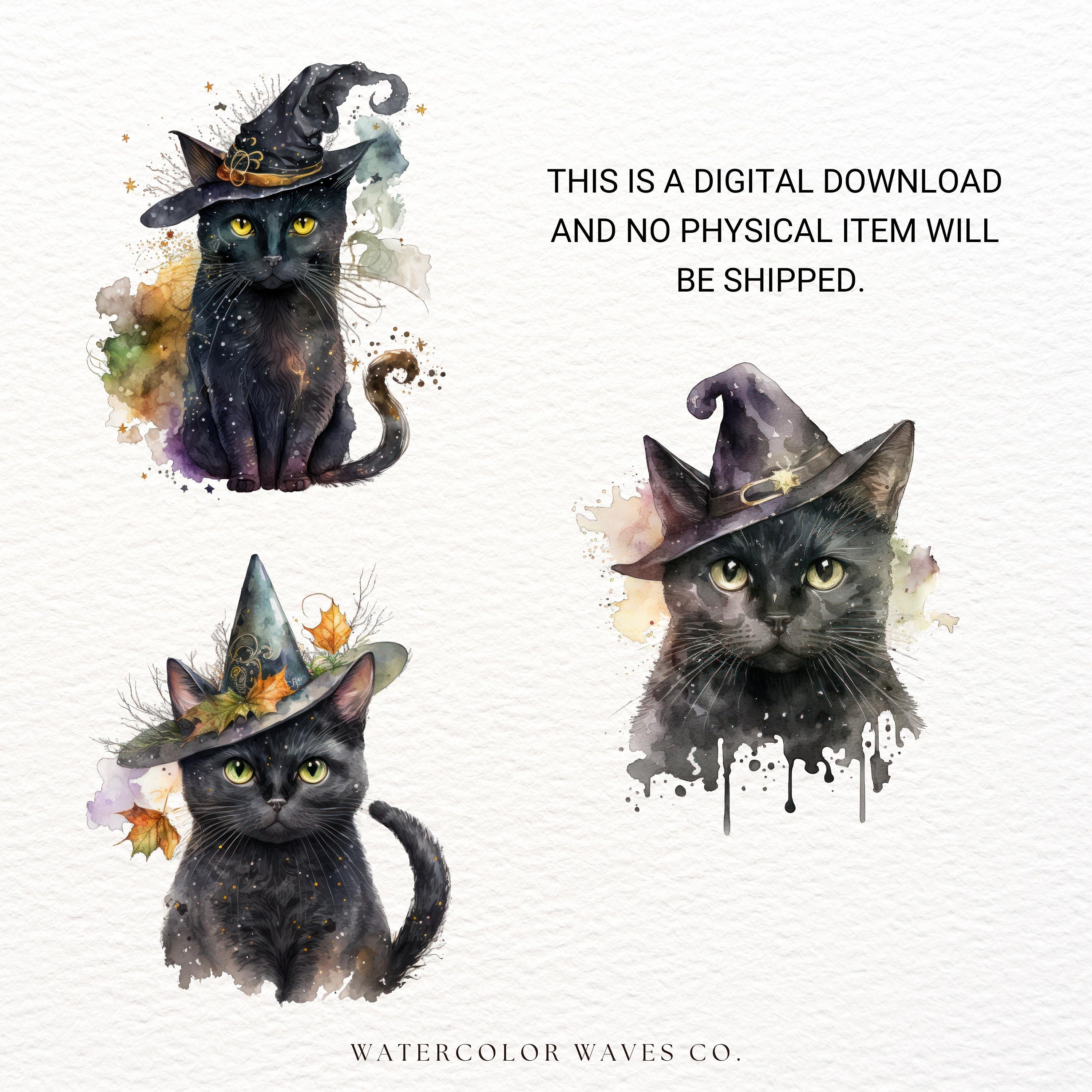 Witchy Cat Clipart Bundle | Watercolor Halloween Cat PNG | Spooky ...