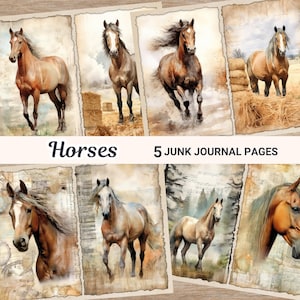 Watercolor Horse Junk Journal Kit | Vintage Horses | Animals Journal Printable Pages | Paper Craft | Digital Collage Images | Ephemera