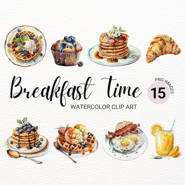 Breakfast Clipart | Watercolor Food Clipart | Waffles PNG | Pancakes Clipart | Cupcake Clipart | Brunch Clipart | Kawaii Clipart