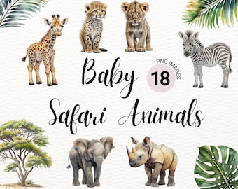 Aquarell Baby Safari Tiere PNG | Baby Tiere Clipart | Dschungeltiere | Safari-Kinderzimmer-Dekor | Kinderzimmer Wand Kunst | Niedliche Safaritiere