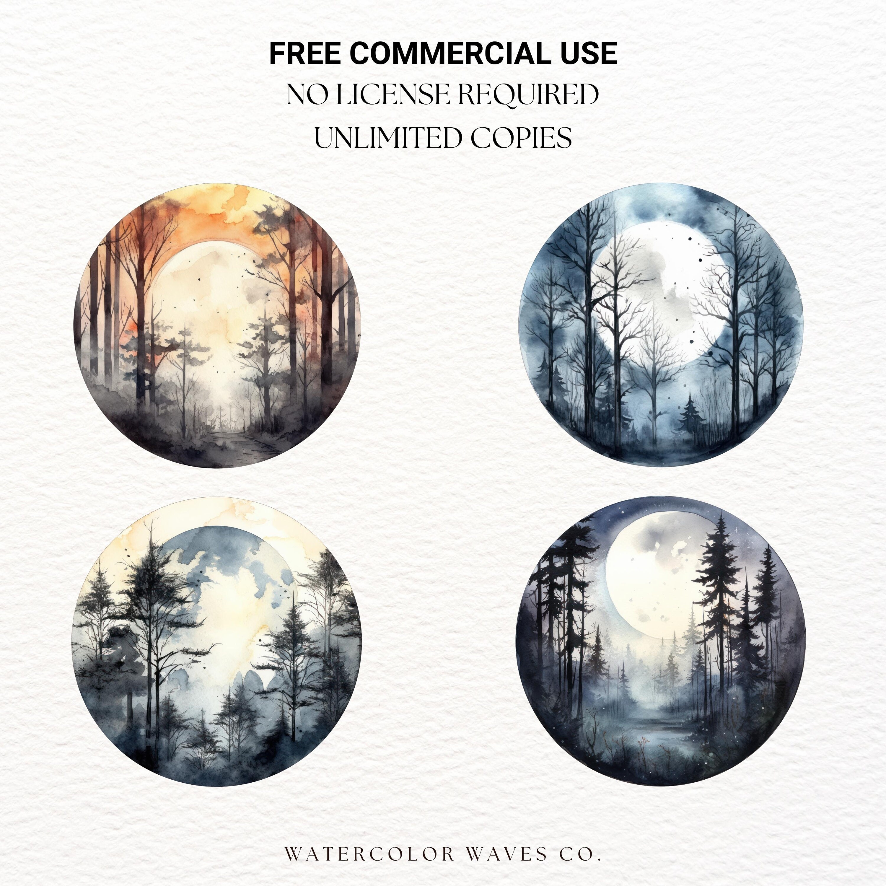 Full Moon Forest Clipart Watercolor Halloween PNG Digital - Etsy