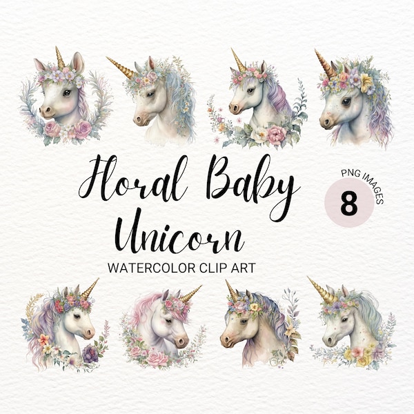 Floral Baby Unicorn Clipart | Unicorn PNG | Floral Clipart | Nursery Wall Art | Magical Fantasy | Mystical Clipart | Unicorn Decorations