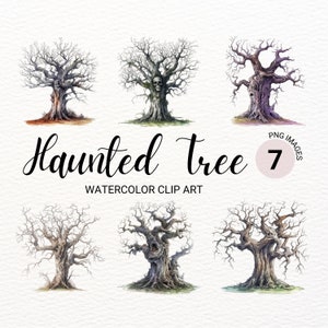Haunted Tree Clipart | Watercolor Tree Halloween Clipart | Digital Planner PNG | Spooky Collage Images | Junk Journal | Paper Craft