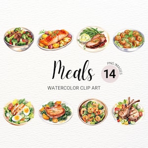 Watercolor Meals Clipart | Food Clipart Bundle | Meat and Vegetables Collage Images | Digital Planner | Junk Journal | Culinary Art