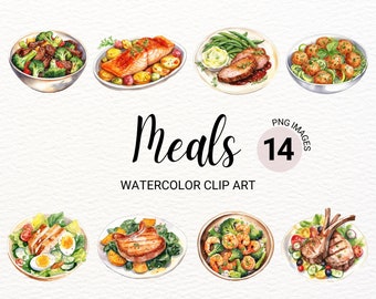 Watercolor Meals Clipart | Food Clipart Bundle | Meat and Vegetables Collage Images | Digital Planner | Junk Journal | Culinary Art