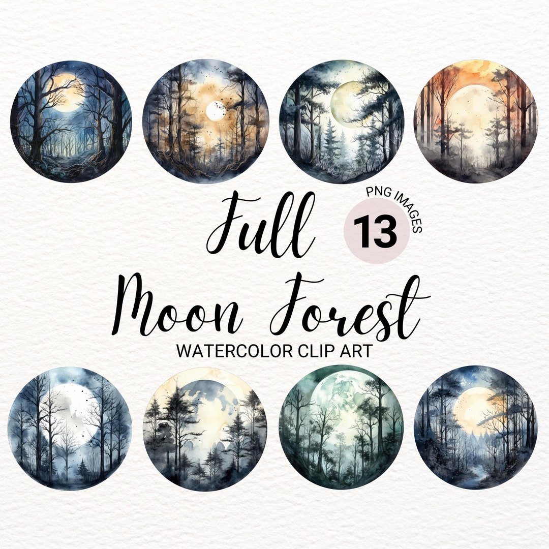 Full Moon Forest Clipart Watercolor Halloween PNG Digital Planner