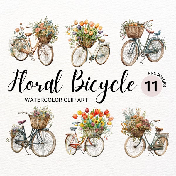 Watercolor Bicycle Clipart | Bike with Flowers | Flower Basket Bicycle PNG | Spring Card | Watercolor Flower | Vintage Bicycle