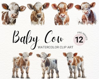 Baby Kuh PNG | Aquarell Kuh Baby Clipart | Niedliche Baby-Tiere | Bauernhof Tiere PNG | Kinderzimmer Wand Kunst | Digitale Kunst