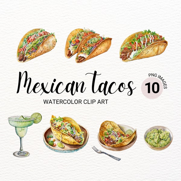 Mexican Tacos Clipart | Watercolor Food Clipart | Kawaii Clipart | Mexican Party Decor | Tacos PNG | Junk Journal | Mexican Food