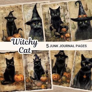 Watercolor Witchy Cat Junk Journal Pages | Vintage Black Cat | Magic Journal Kit | Paper Craft | Digital Collage Images | Witchcraft