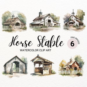 May include: Watercolor clip art set of six horse stable illustrations. The set includes a barn with a red roof, a barn with a white roof, a barn with a brown roof, a stable with a wooden gate, a stable with a wooden roof, and a stable with a wooden fence.