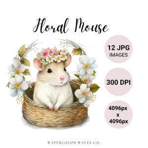 Cute Mouse with Flowers JPG | Watercolor Floral Mouse Clipart Bundle | Digital Planner |  Baby Animals | Nursery Wall Art | Junk Journal