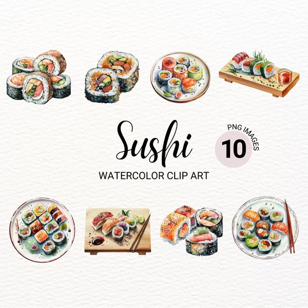 Watercolor Sushi Clipart | Sushi Party | Japanese Food Clipart | Kawaii Clipart | Seafood PNG | Junk Journal | Digital Download