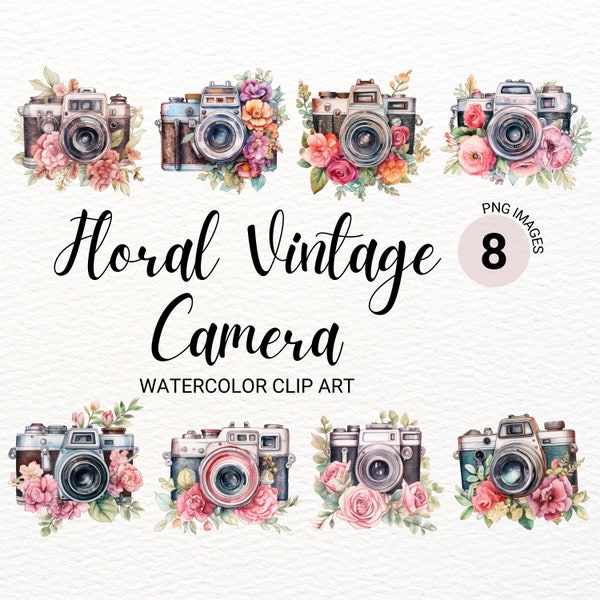 Floral Vintage Camera Clipart | Watercolor Camera PNG | Pink Flower | Junk Journal | Digital Planner | Summer Clipart | Retro Collage Images