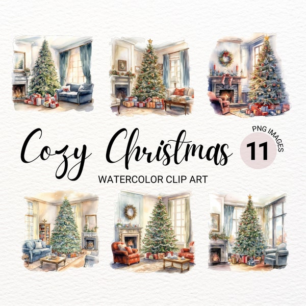 Cozy Christmas Clipart | Christmas Tree | Holiday PNG | Watercolor Clipart Bundle | Junk Journal | Digital Planner | Collage Images