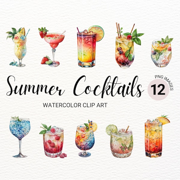 Cocktails à l'aquarelle PNG | Boissons d'été Clipart | Cocktail de fête | Journal indésirable | Agenda numérique | Licence commerciale