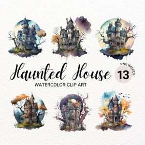 Haunted Houses Clipart Bundle | Watercolor Halloween PNG | Spooky Collage Images | Halloween Decor | Digital Planner | Paper Craft