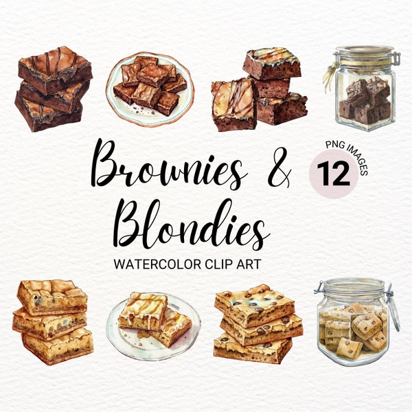 Brownies & Blondies Clipart | Watercolor Brownies PNG | Baking Clipart | Dessert Food Clipart Bundle | Junk Journal | Digital Paper Craft