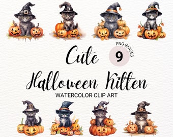 Cute Halloween Kitten Clipart | Watercolor Cat PNG | Spooky Collage Images | Junk Journal  | Digital Planner | Commercial License