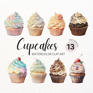 Imágenes prediseñadas de cupcakes de acuarela / Imágenes prediseñadas para hornear / Imágenes prediseñadas de postres / Imágenes prediseñadas de alimentos / Imágenes prediseñadas de dulces / Imágenes prediseñadas de cumpleaños / Imágenes prediseñadas de Kawaii