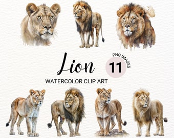 Clipart Lion | Lion aquarelle PNG | Lot de cliparts animaux de safari | Journal indésirable | Art mural pour chambre d'enfant | Agenda numérique | Créations en papier