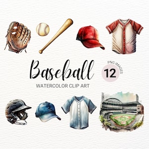 Pacote de clipart de beisebol | Aquarela Esportes PNG | Imagens de colagem de verão | Planejador Digital | Jornal Lixo | Desenhos Animados | Arte da parede do berçário
