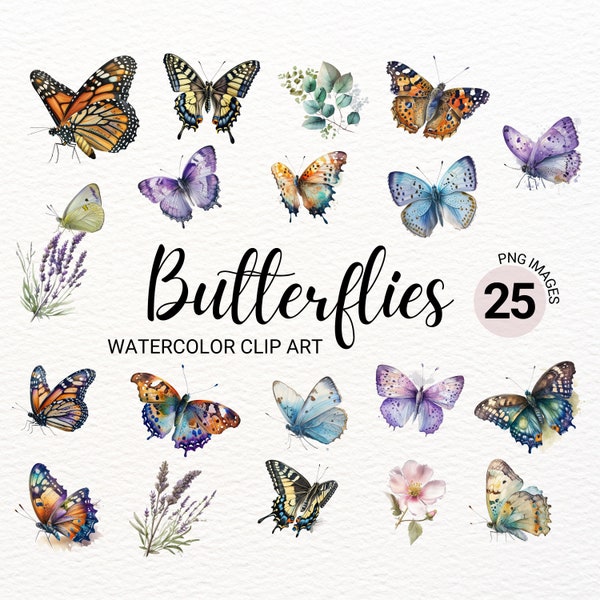 Monarch Butterfly Clipart | Watercolor Butterfly PNG | Floral Clipart | Summer Clipart | Butterfly Painting | Lavender Plant