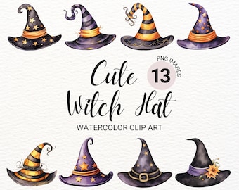 Watercolor Witch Hat Clipart | Halloween PNG | Witch Clipart Bundle | Spooky Digital Planner | Fantasy Collage Images | Wizard Junk Journal