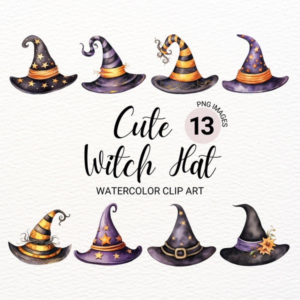 Watercolor Witch Hat Clipart | Halloween PNG | Witch Clipart Bundle | Spooky Digital Planner | Fantasy Collage Images | Wizard Junk Journal