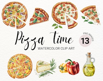 Pizza Art | Pizza Clipart | Watercolor Pizza PNG | Food Clipart | Pepperoni Pizza | Kawaii Clipart | Commercial License