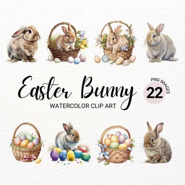 Easter Bunny Clipart | Easter Bunny PNG | Easter Basket | Easter Egg Clipart | Easter PNG | Watercolor Clipart | Commercial License