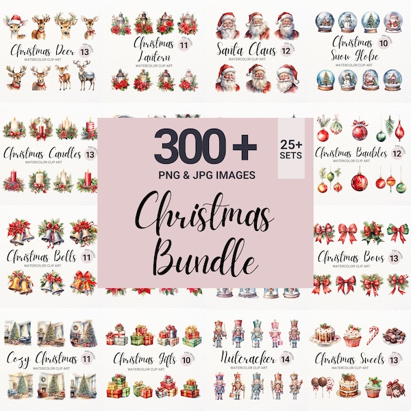 Kerst clipart megabundel | 300+ aquarel kerst PNG | Collageafbeeldingen | Digitale planner wintervakantie | Ongewenste krant | Papier ambacht