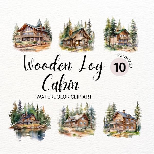 Watercolor Wooden Cabin Clipart | Log Cabin PNG | House in the Woods Collage Images | Junk Journal | Digital Planner | Paper Craft | Hiking