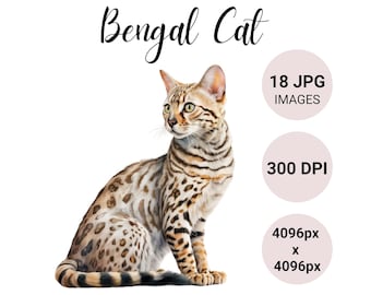 Bengal Cat JPG  | Watercolor Bengal Cat Clipart Bundle | Cute Pet Portrait | Kitten Junk Journal | Digital Planner | Collage Images